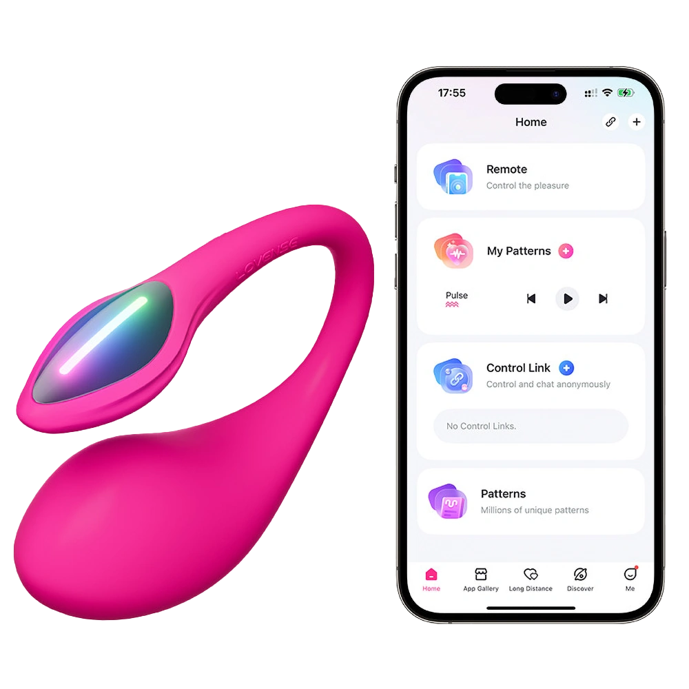 Lovense Lush 4 vibratoræg i pink vist ved siden af smartphone med Lovense-app. App-styret intimprodukt giver frihed, diskret trådløs kontrol og personlige mønstre – ideelt til solo eller par.