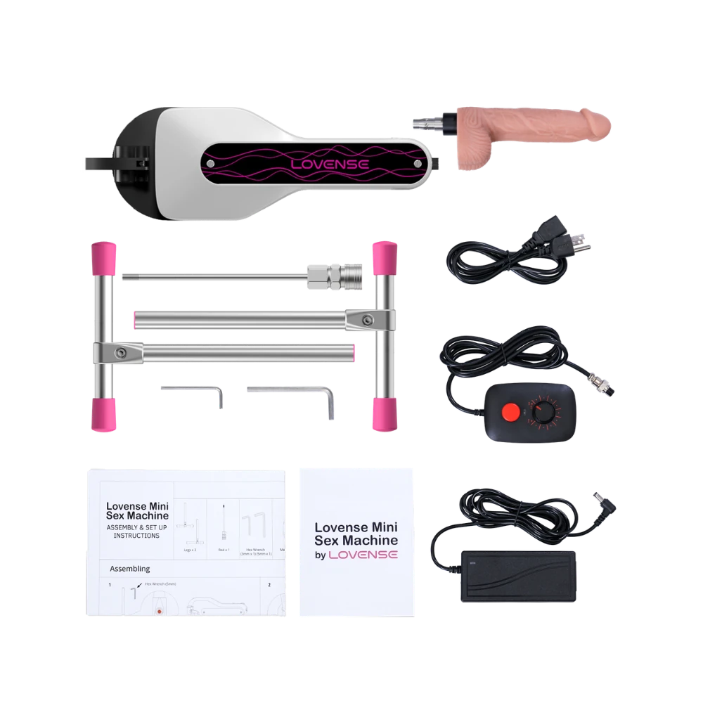 Lovense Mini Sex Machine med stativ, dildo, kabler, strømforsyning, controller og manualer
