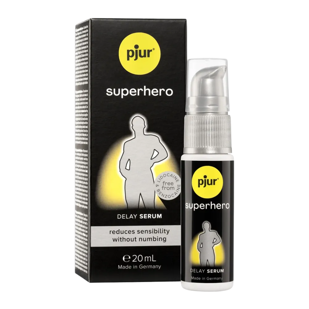 Pjur Superhero Delay Serum 20 ml med æske – naturligt forsinkelsesserum til mænd, der reducerer følsomhed uden at bedøve. Indeholder jojobaekstrakt, fri for lidocain og benzocain. Fremstillet i Tyskland, CE-mærket.
