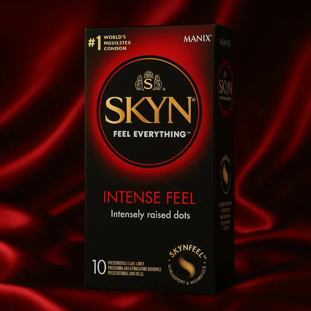 SKYN Intense Feel kondomer i sort og rød æske. Latexfrit design med hævede stimulerende prikker for øget følsomhed. Fremstillet i blødt SKYNFEEL™-materiale for naturlig nydelse.