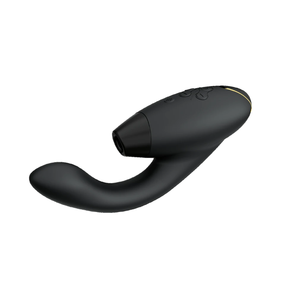 Womanizer Duo 2 i sort silikone med elegant kurvet design. Et luksuriøst sexlegetøj med lufttryksstimulering og vibration, der skaber rolig, dyb nydelse og sanselig wellness for moderne kvinder.