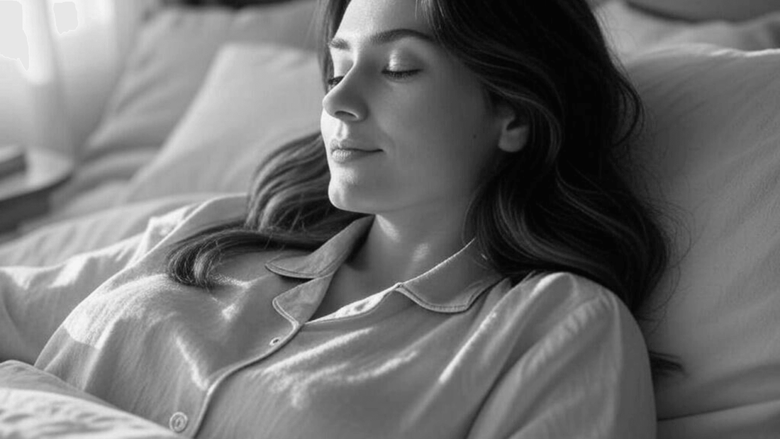 Kvinde ligger afslappet i sengen i en stille stund med selvforkælelse og ro. Et intimt øjeblik fra Del 2 i Nevola Stories, hvor lyst, tilstedeværelse og blid opdagelse får plads.