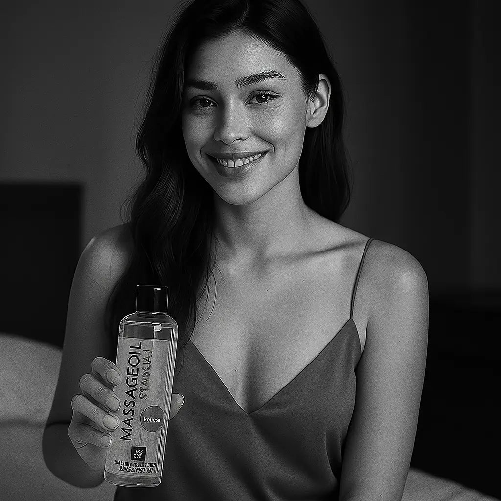 Kvinde smiler roligt og holder en flaske massageolie i hånden; stemningsfuldt billede til wellness og massage kollektionen hos Nevola, der rummer duftlys, blid bondage og sanselige produkter til afslapning og kropslig nydelse.