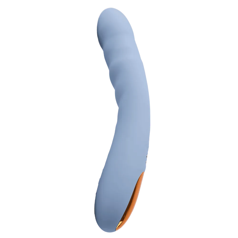 Svakom Ava Neo vibrator i lyseblå silikone med elegant buet form og gyldent håndtag; designet til målrettet G-punktsstimulering, kraftfulde vibrationer og trådløs app-styring for en moderne, sanselig oplevelse.