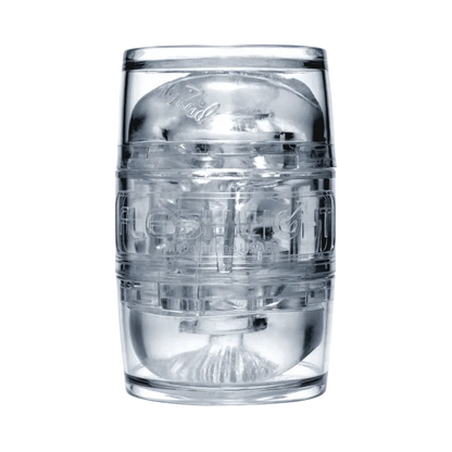 Transparent Fleshlight Clear masturbator vist lukket, med gennemsigtigt ydre og realistisk indvendig struktur. Designet giver fuldt visuelt indblik i kanalen og er velegnet til brug med glidecreme og nem rengøring.