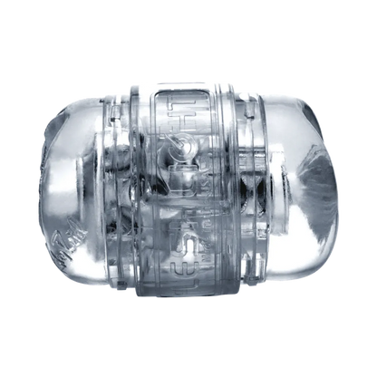 Sidevisning af Fleshlight Clear i gennemsigtigt materiale, hvor både ydre form og indvendig tekstur ses klart. Den transparente opbygning giver et råt, æstetisk udtryk og fuld visuel kontrol under brug.