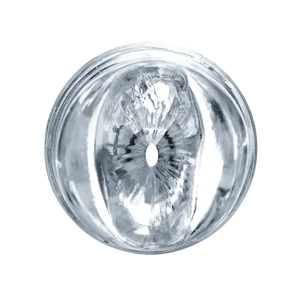 Frontvisning af Fleshlight Quickshot Riley Reid med fokus på den gennemsigtige åbning og indvendige struktur. Det transparente materiale viser tekstur og form, som er designet til intens og kontrolleret stimulation.