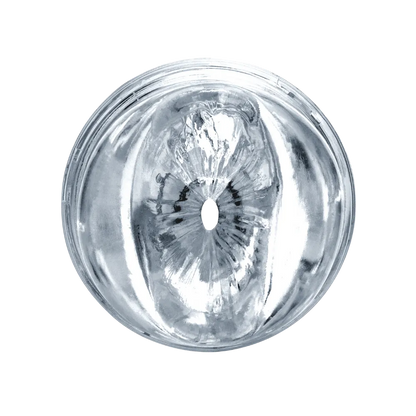 Frontvisning af Fleshlight Quickshot Riley Reid med fokus på den gennemsigtige åbning og indvendige struktur. Det transparente materiale viser tekstur og form, som er designet til intens og kontrolleret stimulation.