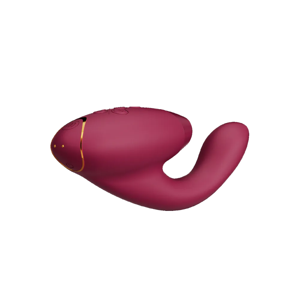 Womanizer Duo 2 bordeaux i sidevisning med fleksibel form og lufttryksfunktion, designet til intim nydelse, rolig stimulation og fælles oplevelser.