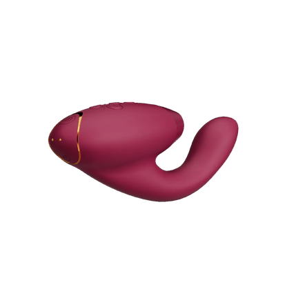 Womanizer Duo 2 bordeaux i sidevisning med fleksibel form og lufttryksfunktion, designet til intim nydelse, rolig stimulation og fælles oplevelser.