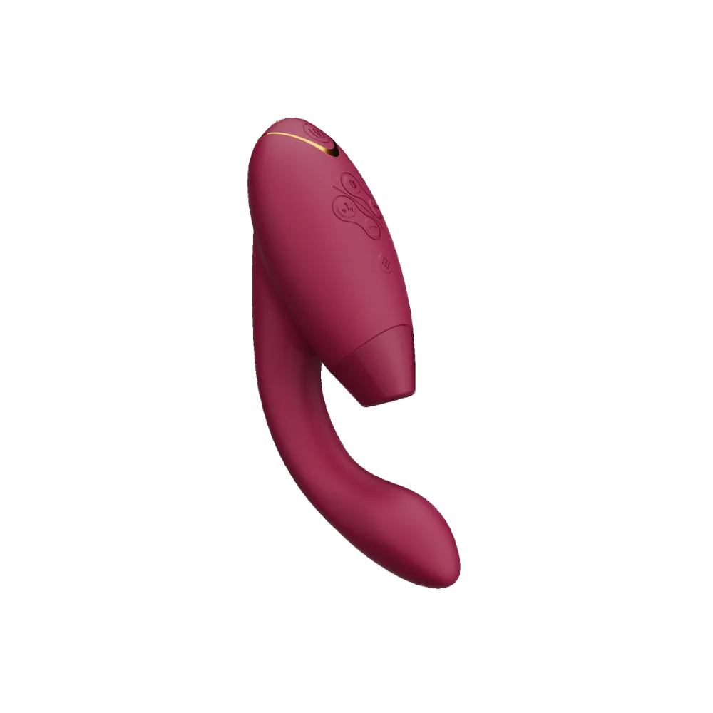 Womanizer Duo 2 i bordeaux vist opret med betjeningsknapper og elegant kurve, et eksklusivt sexlegetøj til par og sanselig stimulering.