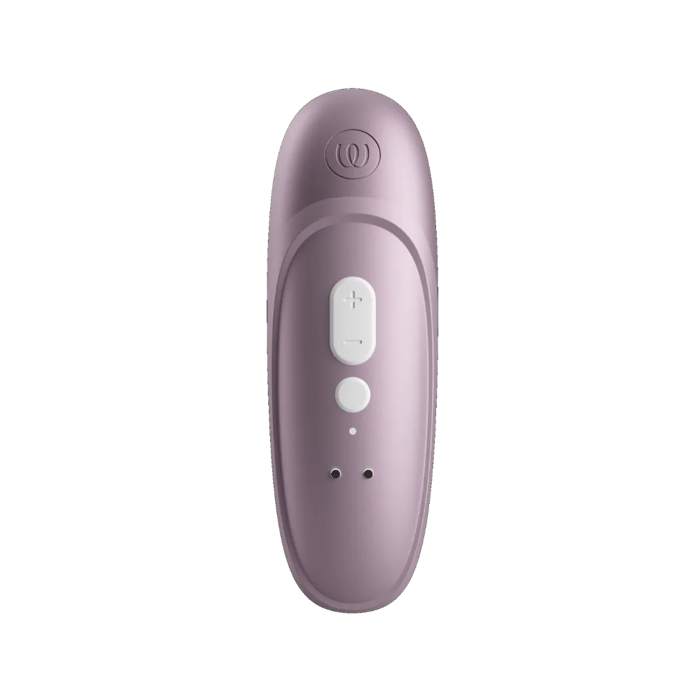 Womanizer Pro i lilla vist bagfra med knapper, opladningspunkter og elegant finish, en avanceret lufttryksvibrator til personlig nydelse.