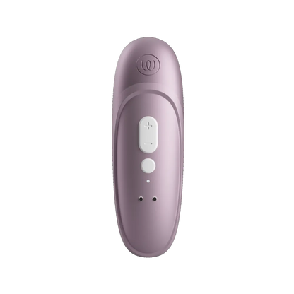 Womanizer Pro i lilla vist bagfra med knapper, opladningspunkter og elegant finish, en avanceret lufttryksvibrator til personlig nydelse.
