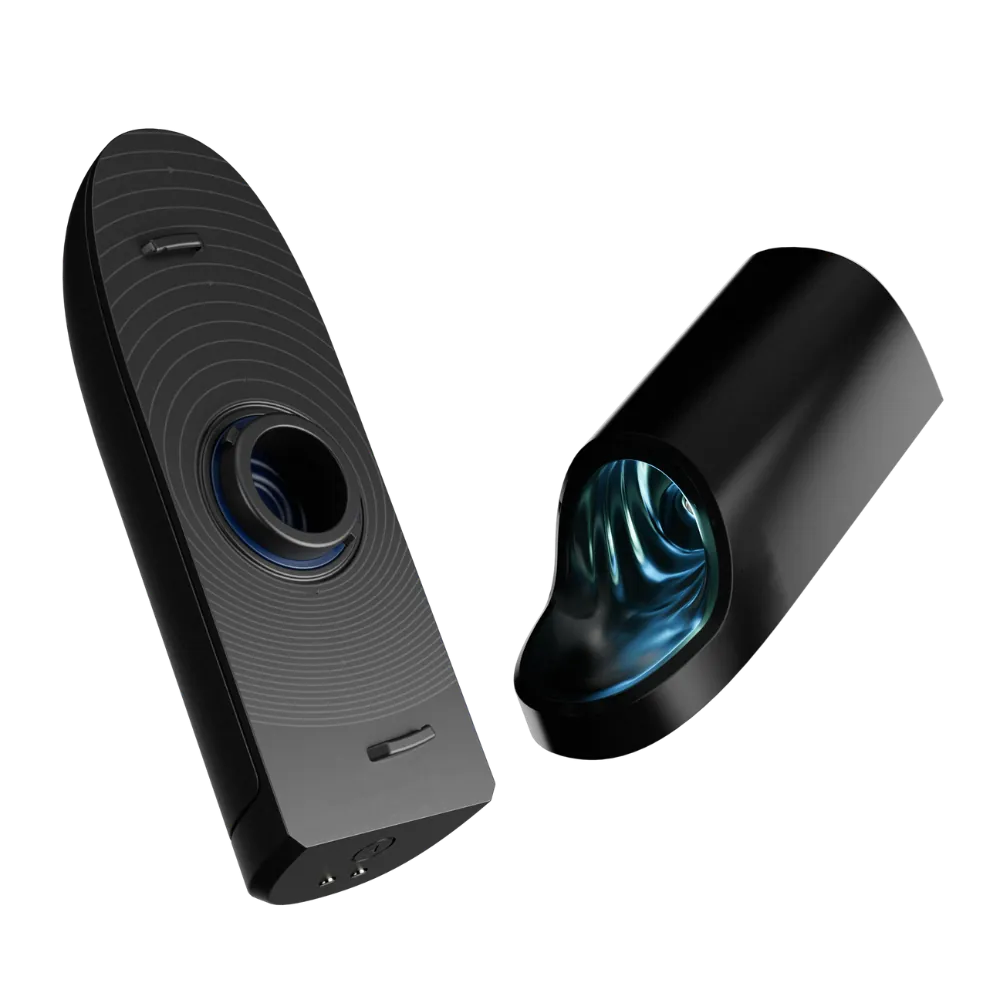 Arcwave Ion 2 vist adskilt, så den indvendige Pleasure Air-kammerstruktur fremhæves. Billedet viser teknologiens præcision og den ergonomiske opbygning, der giver målrettet stimulering af frenulumområdet.