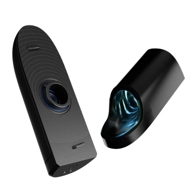 Arcwave Ion 2 vist adskilt, så den indvendige Pleasure Air-kammerstruktur fremhæves. Billedet viser teknologiens præcision og den ergonomiske opbygning, der giver målrettet stimulering af frenulumområdet.