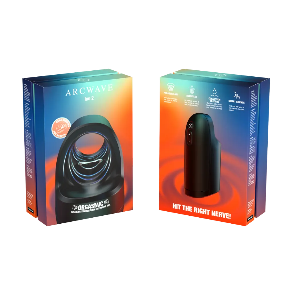 Arcwave Ion 2 vist med for- og bagside af æsken i et samlet billede. Kombinationen giver et komplet indtryk af produktets branding, funktioner og visuelle identitet i premium-segmentet.