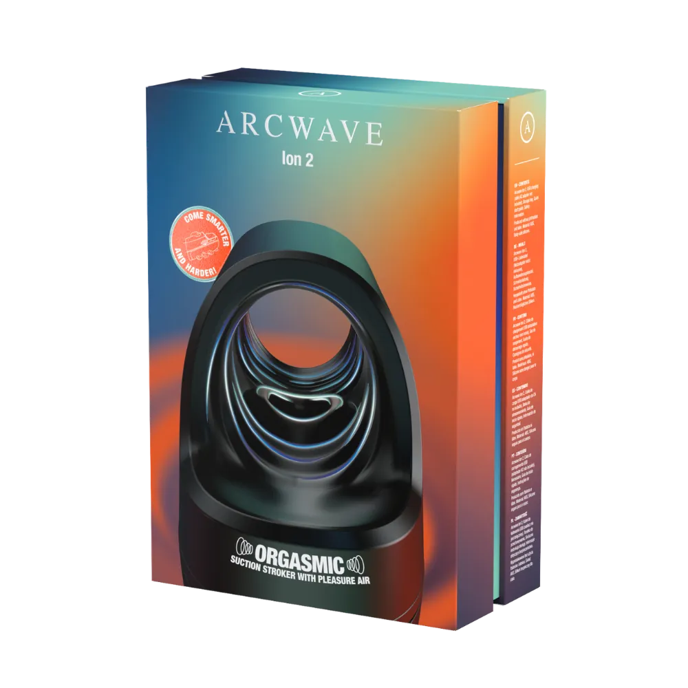 Arcwave Ion 2 emballagen fotograferet i skrå vinkel, som fremhæver det moderne, farverige design. Et premium look, der understøtter produktets innovative Pleasure Air-teknologi til intens og præcis stimulering.