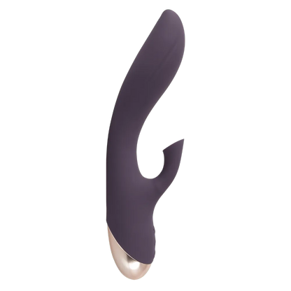 Sidevisning af lilla Javida lufttryksvibrator med buet skaft og klitorisarm. Blød silikone og gylden bund tilføjer elegance. Et stilfuldt intimprodukt til målrettet nydelse og velvære i Danmark.