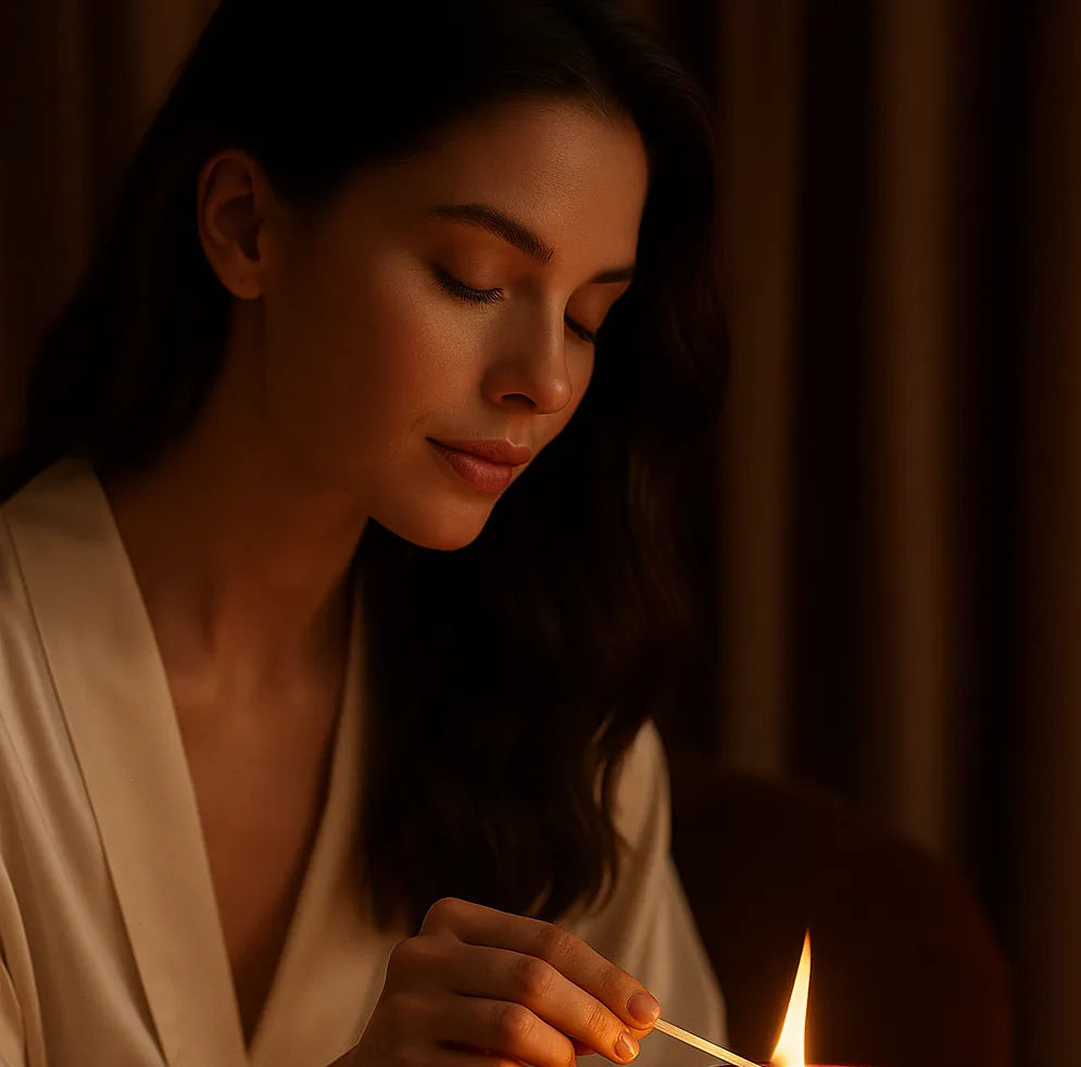 Stemningsfuldt øjeblik med kvinde i silkekåbe, der tænder KYSS Scented Candle fra Skandinavisk. Den varme glød og duftende flamme indbyder til afslapning, sanselighed og moderne selvforkælelse i hjemmet.