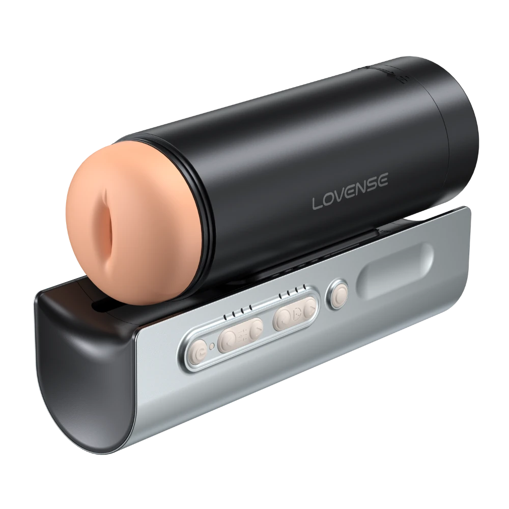 Lovense automatisk masturbator med hudfarvet sleeve monteret i sort cylinder. Innovativt sexlegetøj til mænd, der kombinerer teknologi, intens stimulation og brugervenlig kontrol.