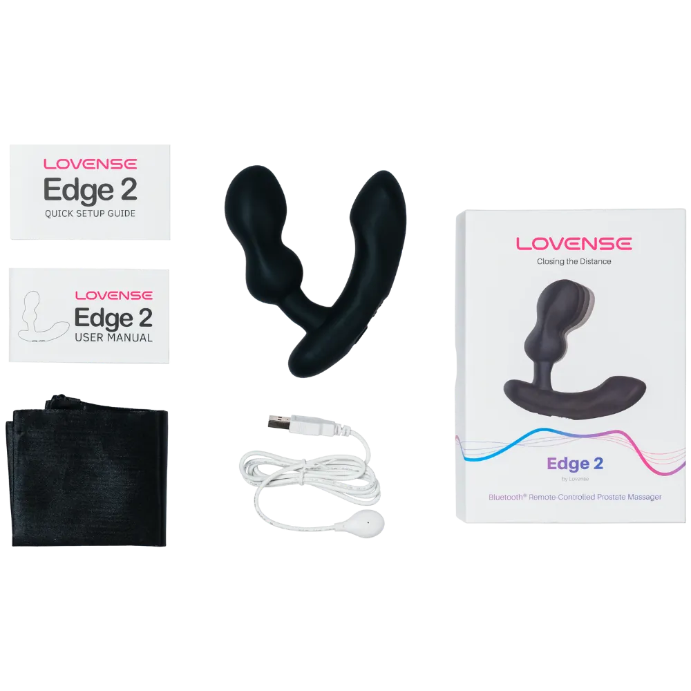 Lovense Edge 2 prostata vibrator til mænd i sort vist med indhold: manual, opbevaringspose og oplader. Eksklusivt app-styret sexlegetøj i medicinsk silikone, designet til intens nydelse og diskret oplevelse.