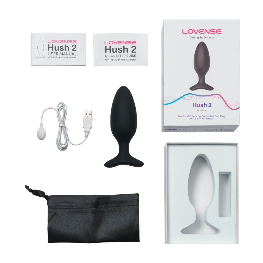 Bagsiden af Lovense Hush 2 æsken med oversigt over funktioner som stærke vibrationer, body-safe materialer og vandtæthed. Et informativt billede, der giver kunder tryghed og teknisk overblik.