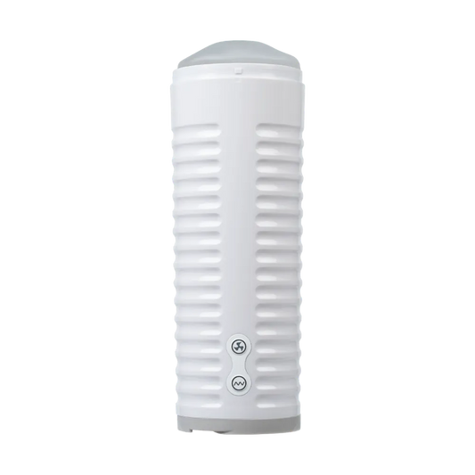 Lovense Max 2 masturbator set i skrå vinkel der fremhæver sleeve-åbningen. Billedet illustrerer design og struktur i avanceret sexlegetøj til mænd.