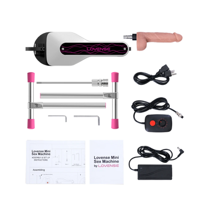 Lovense Mini Sex Machine med stativ, dildo, kabler, strømforsyning, controller og manualer