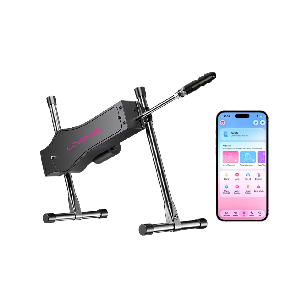 Lovense Sex Machine med smartphone, der viser Lovense Remote-appen til styring