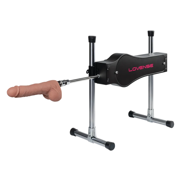 Lovense Sex Machine med monteret dildo vist skråt forfra på justerbart stativ