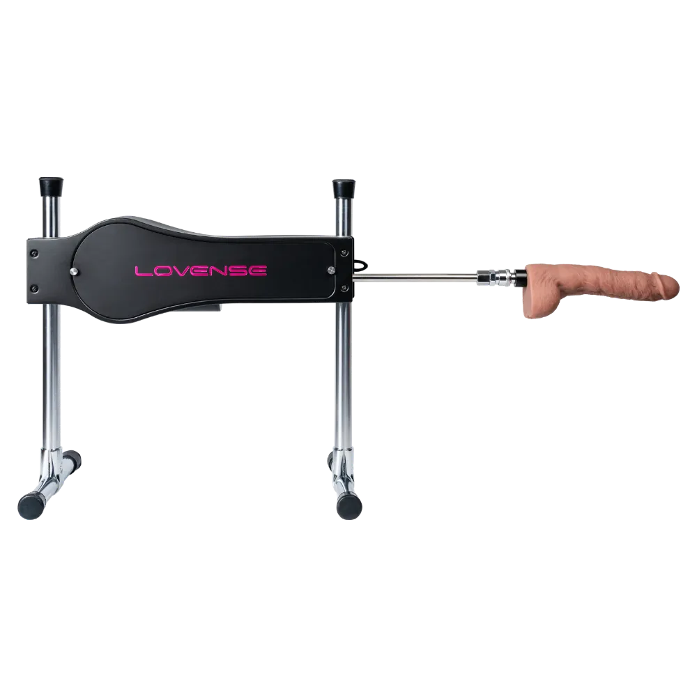 Lovense Sex Machine med monteret dildo vist direkte fra siden på justerbart stativ