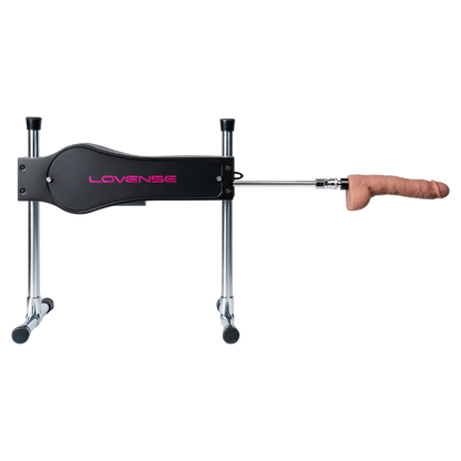 Lovense Sex Machine med monteret dildo vist direkte fra siden på justerbart stativ