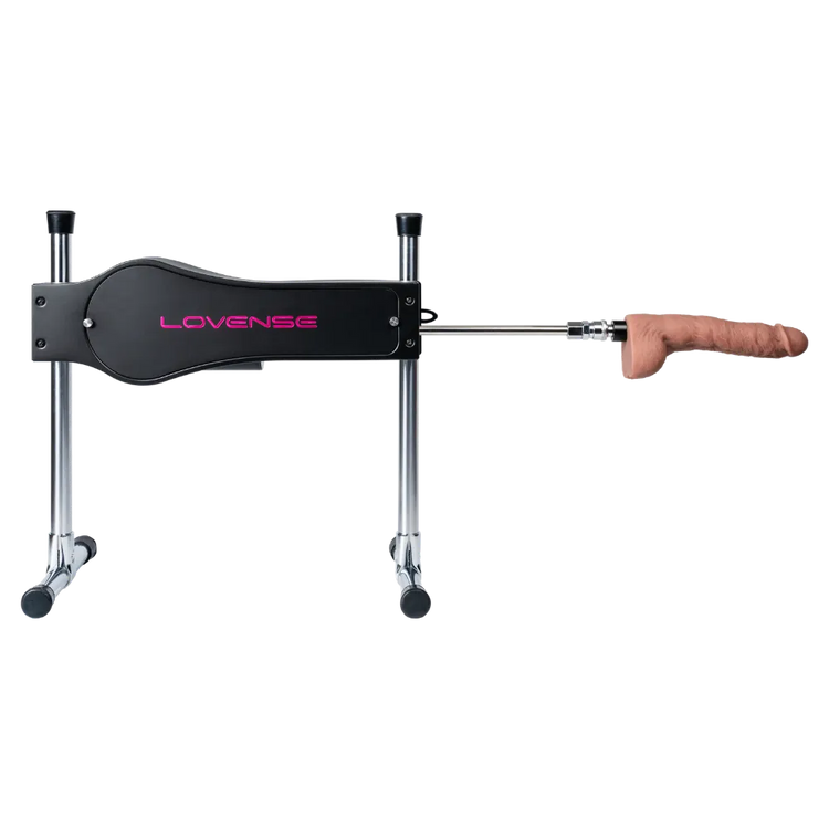 Lovense Sex Machine med monteret dildo vist direkte fra siden på justerbart stativ