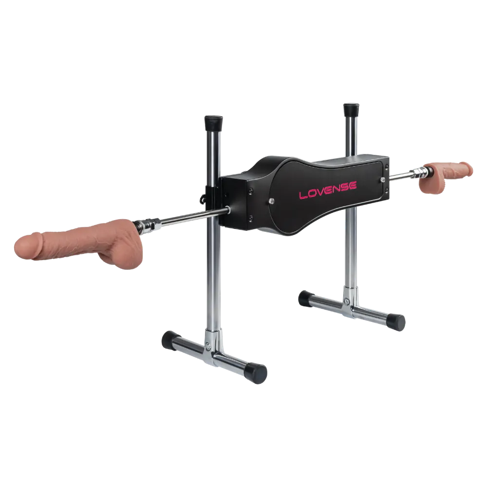 Lovense Sex Machine med dildo monteret foran og en ekstra dildo monteret på modsatte side