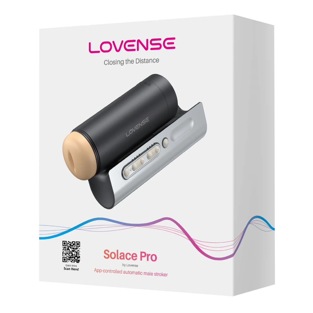 Lovense Solace Pro emballage sidevinkel – moderne æske med produktillustration, brandlogo og beskrivelse af app-kontrolleret sexlegetøj til mænd.