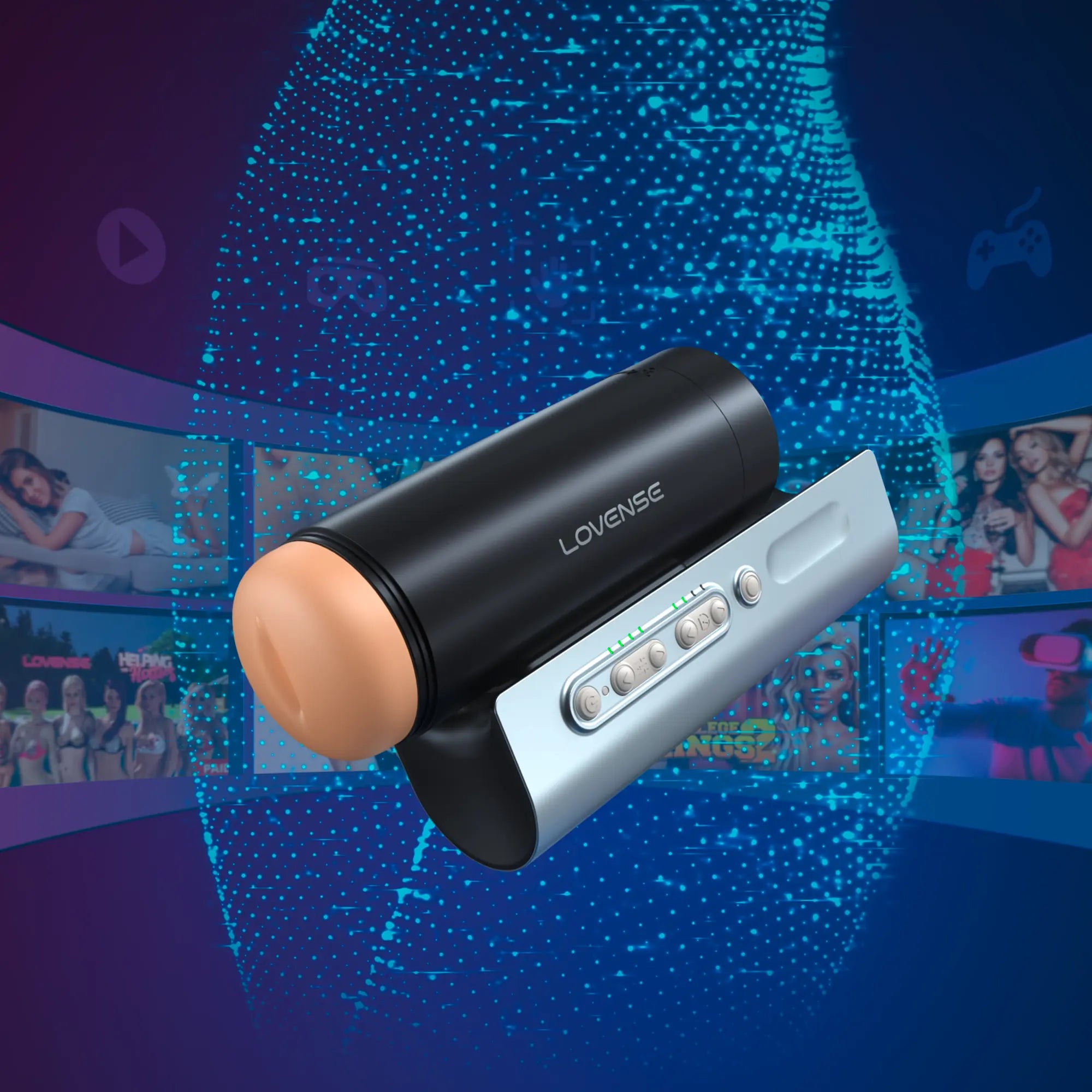 Lovense Solace Pro masturbator i elegant sort design med hudrealistisk åbning og smart betjeningspanel. Innovativt sexlegetøj til mænd med app-styring, intens stimulering og interaktiv oplevelse via VR og cam-integration.