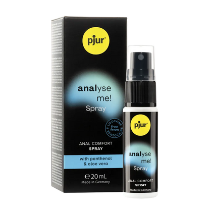 Pjur Analyse Me Anal Comfort Spray 20 ml med panthenol og aloe vera, designet til blid komfort og afslapning ved analsex. Flaske og emballage vist, premium kvalitet fra Tyskland.
