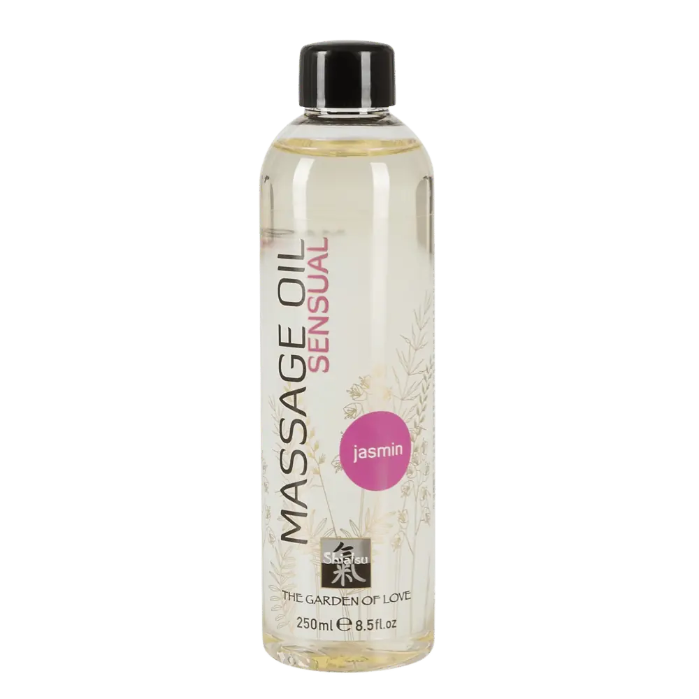 Shiatsu Sensual Massageolie med jasmin i klar flaske – glidende, sanselig olie til intim massage og afslappende parberøring.