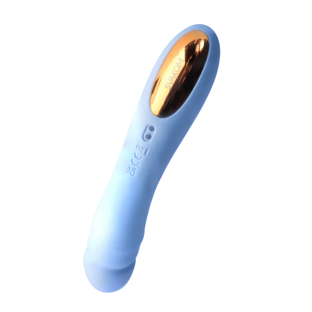 Svakom Svakom G-punktsvibrator i blå silikone med gyldent håndtag – elegant, genopladeligt sexlegetøj designet til intens G-punktsstimulering, luksuriøs finish og sanselig nydelse i Svakom-serien hos Nevola.