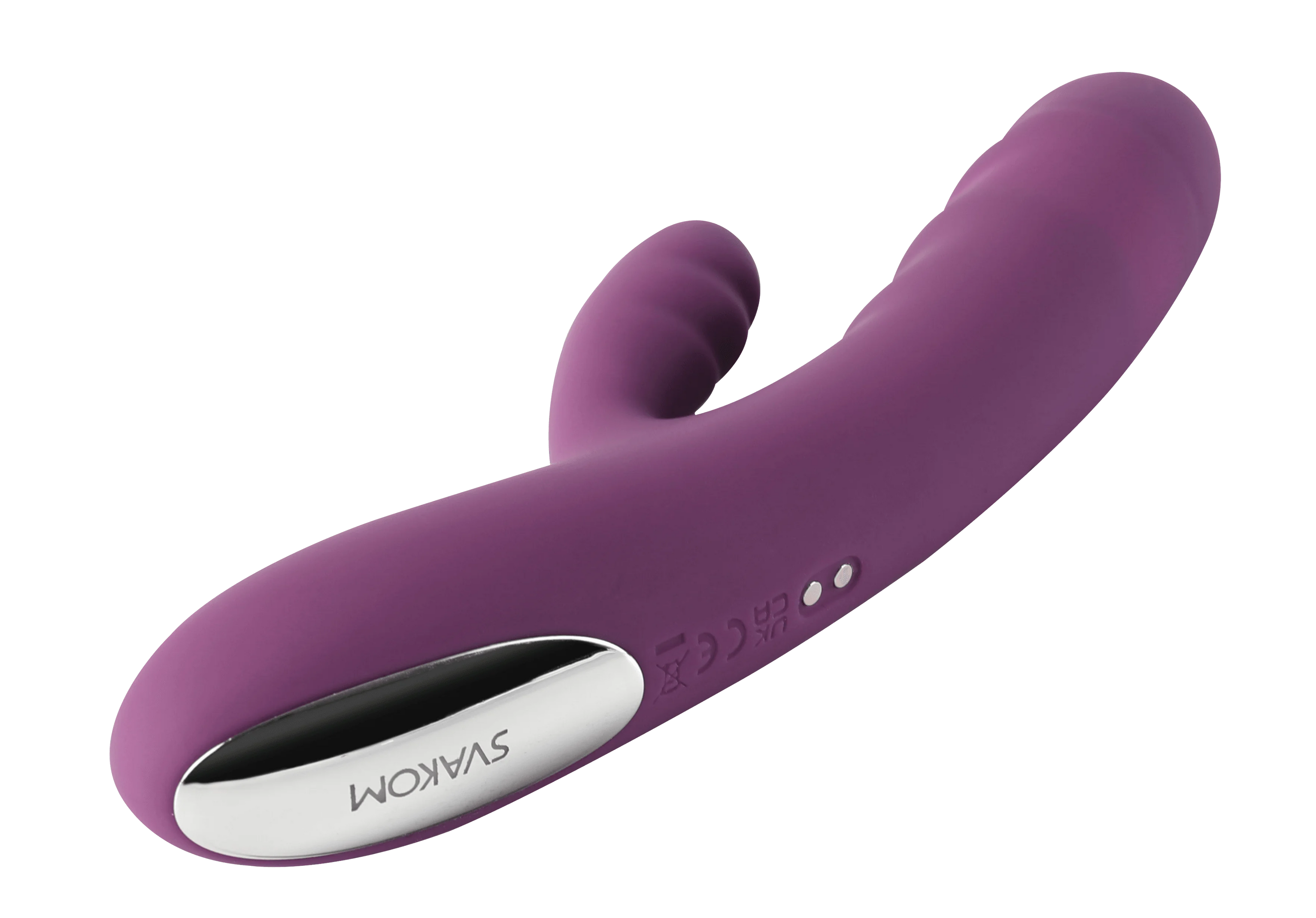 Svakom Avery rabbit-vibrator i lilla med buet skaft, markerede riller og klitorisstimulator, set fra siden med opladerkontakt og logo i fokus.