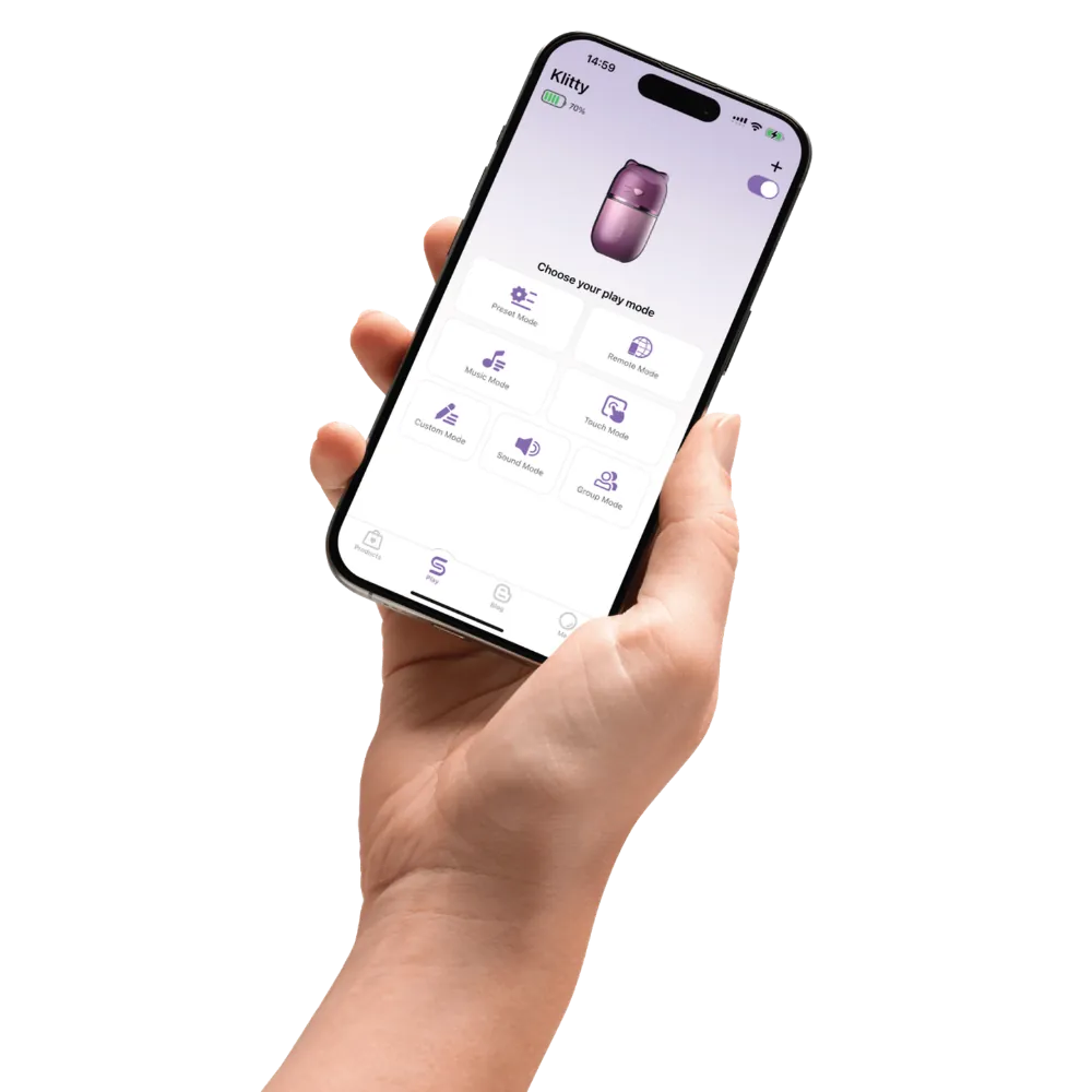 Svakom Klitty styret via SVAKOM app på smartphone med forskellige vibrations- og legemodes
