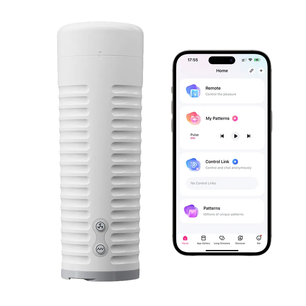 Smartphone viser app-interface til styring af Svakom masturbator. Billedet illustrerer funktioner som mønstre, fjernstyring og synkronisering i app-styret sexlegetøj til mænd.