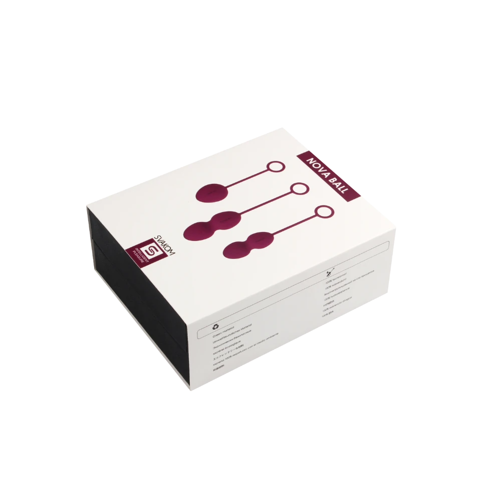 Svakom Nova Kegel Balls vist i stilren hvid æske med illustreret design. Elegant og diskret emballage til luksuriøs bækkenbundstræning med kvalitet og komfort i fokus.
