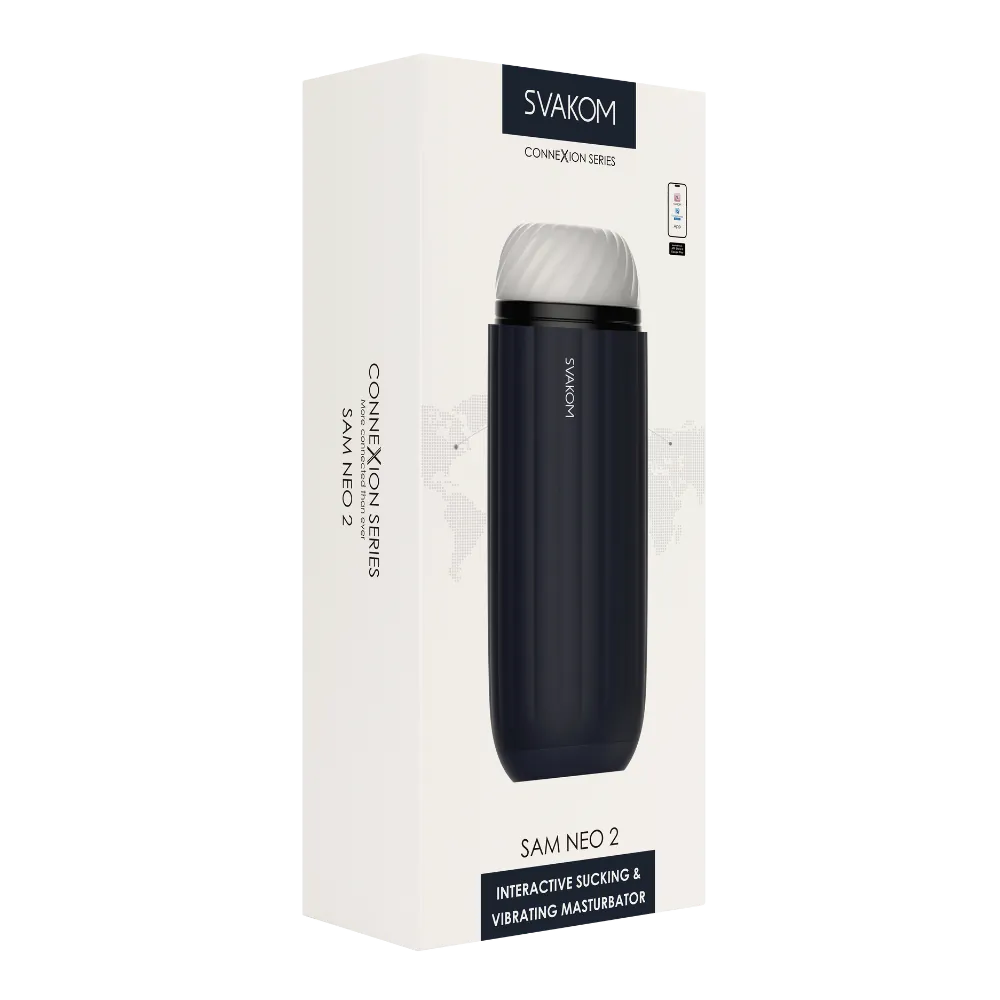 Svakom Sam Neo 2 vist i sin originale emballage med tydeligt produktfoto og Connexion Series-branding. Et professionelt og informativt billede, der fremhæver kvalitet, design og seriøsitet ved køb af masturbatoren.