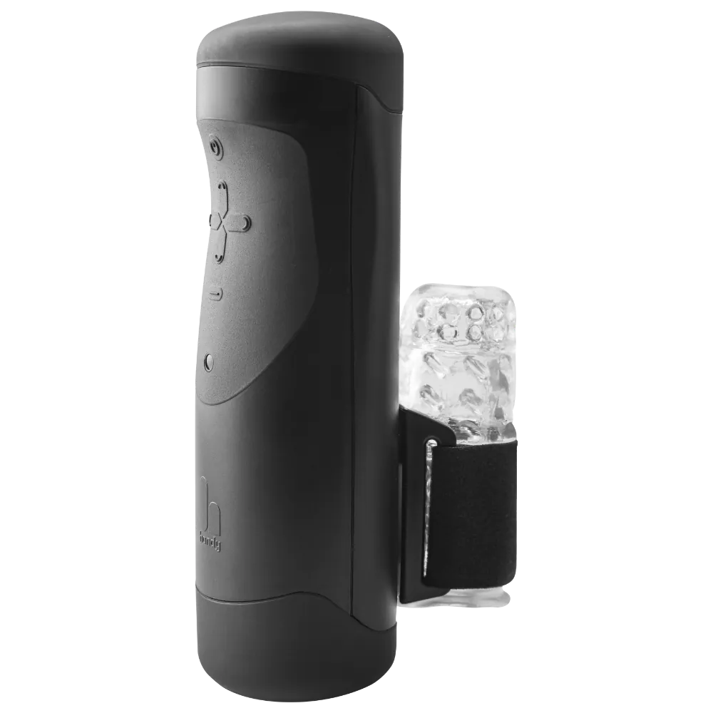 The Handy 1 vist fra siden med det gennemsigtige sleeve monteret. Billedet fremhæver den ergonomiske form, justerbare rem og det præcise skandinaviske design i mat sort finish.