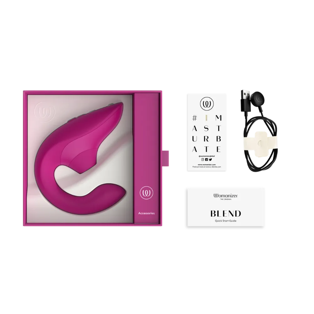 Womanizer Blend sexlegetøj med tilbehør som USB-oplader og brugervejledning. Billedet viser alt indhold i pakken til lufttryksvibratoren.