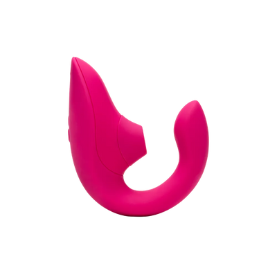 Sideprofil af Womanizer Blend sexlegetøj i pink. Produktbillede der fremhæver lufttryksvibratorens buede ergonomiske design og klitorisstimulator til præcis stimulering.