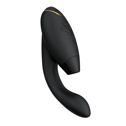 Womanizer Duo 2 i elegant gaveæske, sort luksus vibrator med dobbelt funktion, avanceret teknologi og diskret emballage til stilfuld og sensuel oplevelse.