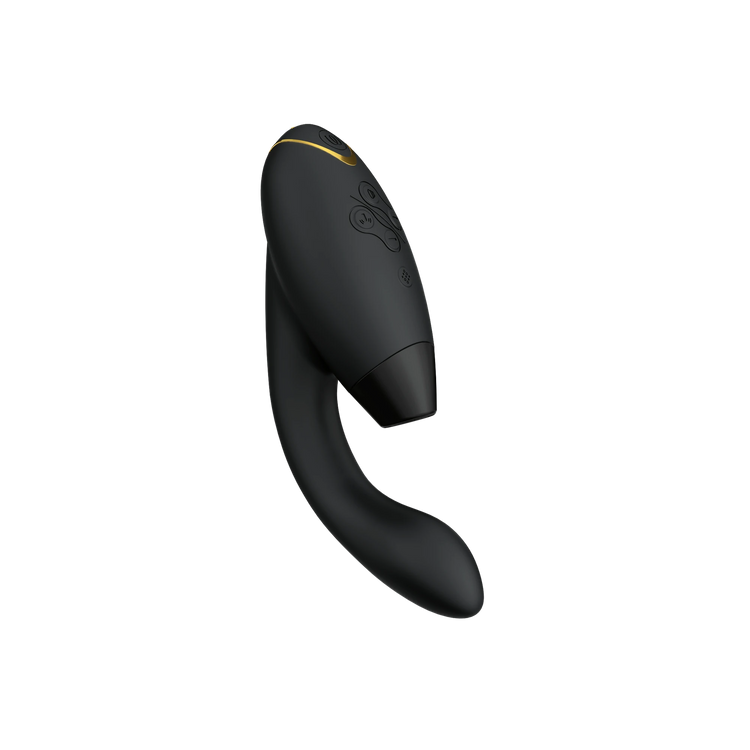Womanizer Duo 2 i sort med gyldne detaljer. Et eksklusivt sexlegetøj, der kombinerer lufttryk til klitoris og kraftige vibrationer til G-punktet for intens dobbeltstimulering og fuldendt nydelse.