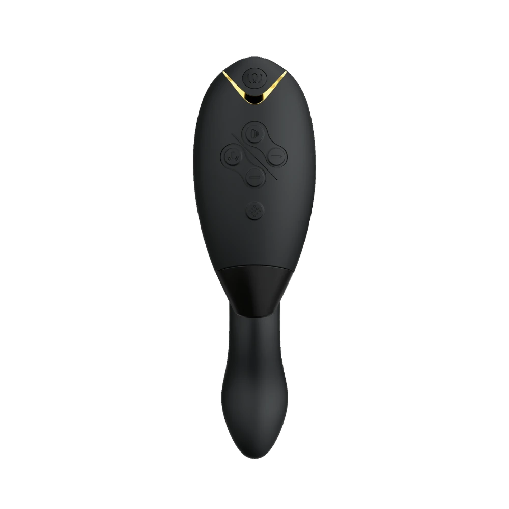 Womanizer Duo 2 i sort set forfra med tydelige kontrolknapper. En luksuriøs lufttryksvibrator med kombineret stimulation, designet til intens nydelse og brugervenlig styring.